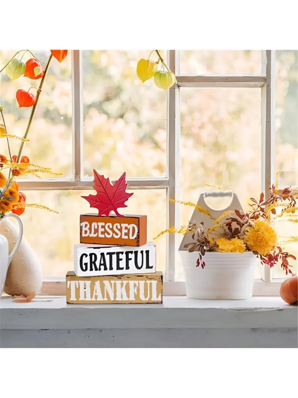 Thanksgiving Fall Decorations for Home, 4 PCS Wooden Fall Table Decor